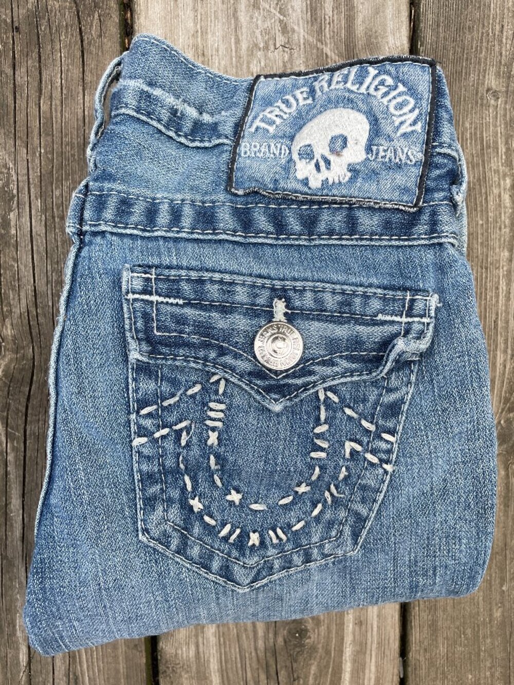 Vintage True Religion Jeans Size 10 BLUE SKULL TAB CROSS STITCH RARE